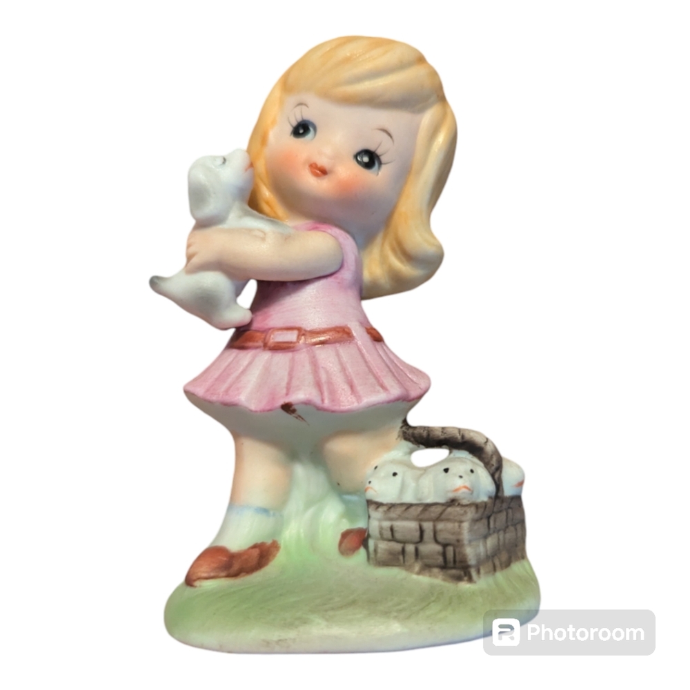 Vintage Girl Holding Puppy With Basket Full Of Puppies Porcelain Figurine 4"